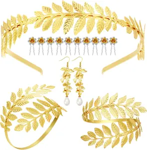 15 Pieces Greek Goddess Costume Accessories,Women Toga Golden Leaves Bridal Crown,Headband Bracelet,Pearl Earrings and Hair Pins