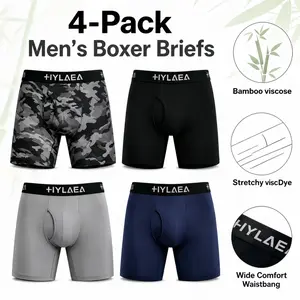 Men's 4-Pack HYLAEA Bamboo Fiber Boxer Briefs, 5" Long Leg Anti-Chafe Sports Underwear, Anti-Roll Waistband, Breathable Moisture-Wicking, Odor-Resistant, for Daily Wear & Workouts