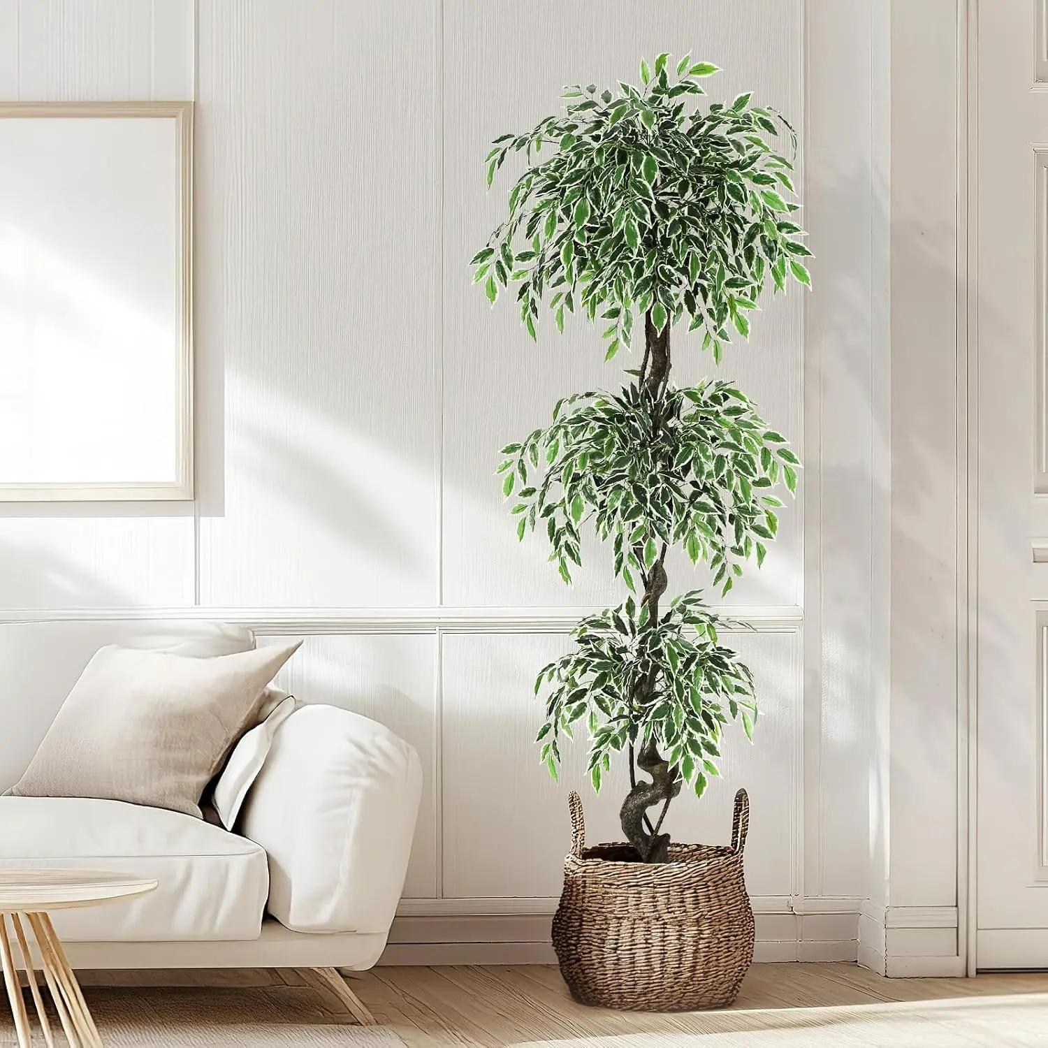 Artificial Ficus Tree for Home Decor Indoor 6FT Faux Floor Tree White Imitation Ceramic Planter Indoor Outdoor Lifelike Fake Ficus Tree with Pebbles and Green Fake Moss for Office Decorative Fruit Silk Pot