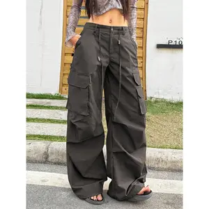 Women’s multi-pocket workwear pants with a street-style drawstring design—loose-fitting basic casual trousers suitable for all seasons