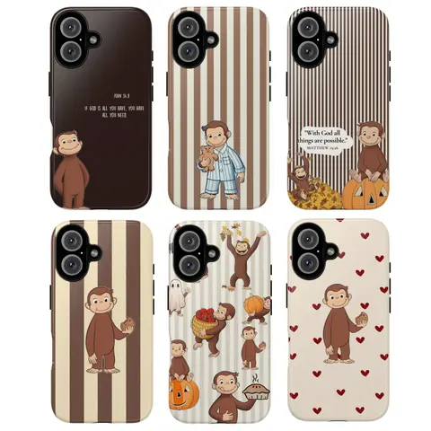 Curious George Durable Monkey Cellphone Case - Brown Striped & Heart Pattern, Christian Quote UV Printing, Shockproof TPU & Polycarbonate, Thin Frame, Waterproof, Universal Precise Fit Handheld Device Protection Accessory Gift