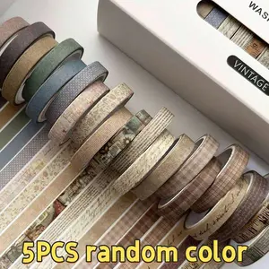 5 Rolls Paper Tape Set, Thin 7mm X 3m, Multiple Patterns, Self-Adhesive Craft Tape, Retro Paper Stickers, DIY Decorative Supplies, Scrapbook