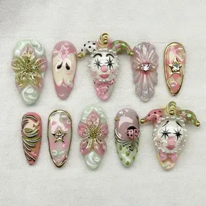 3D Clown Press On Nails, Pastel Jester Nails, Handmade Circus Nail Set, Kawaii Harajuku Nails, Pink Green Funky Nails