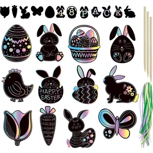 Easter Scratch Paper, Art & Craft Bulk Pack, 48 Ornaments with 24 Sticks Pastel Colors