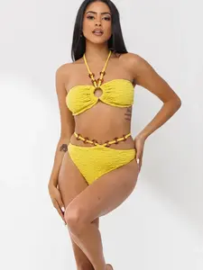 Put O'Ring On It Swimsuit - Yellow Crinkle Bikini with Adjustable Rings & Ties - 50% Cotton, 40% Nylon, 10% Polyester - Sizes S, M, L