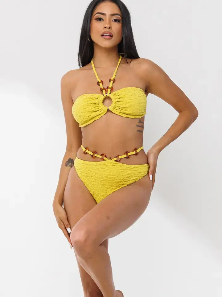 Put O'Ring On It Swimsuit - Yellow Crinkle Bikini with Adjustable Rings & Ties - 50% Cotton, 40% Nylon, 10% Polyester - Sizes S, M, L