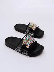 New Arrivals Black Shoes With Heart, Polka Dot Metal Buckle Casual Slip-On Sandals, Waterproof Flat Rhinestone Glitter Jelly Sandals For Women, Beach Outfits, Open Toed Slippers, Slide, Summer Slides