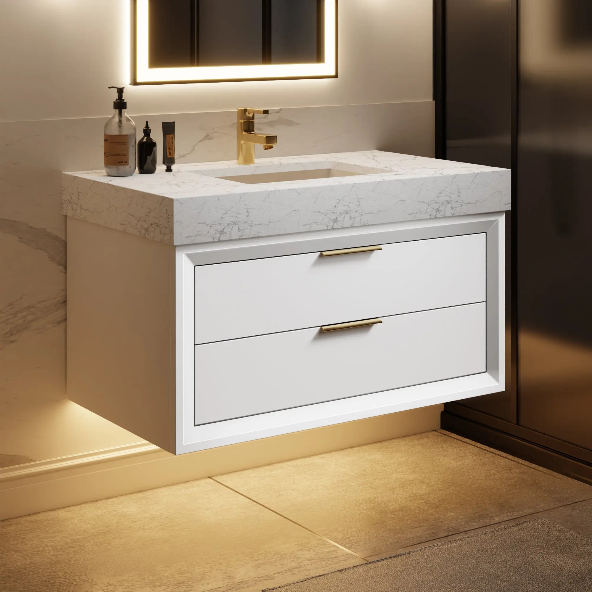Glam 36" Modern White Bathroom Vanity with Floating Design, Lights, Stone Slab Countertop, and Single Sink