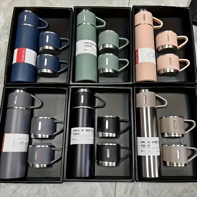 4pcs Including 3 Small Cups, 1 Water Cup, Insulated Cup Set, Insulated Tumbler Set, Travel Thermal Cup, Vacuum Insulated Tumblers, Stainless Steel Bottle 500ml/ 16.9oz, Perfect for Hot and Cold Drinks, Business and School, Three Lid, Portable Gift Set