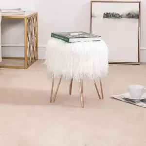 Adeco Vanity Stool Chair Round Faux Fur Ottoman with Metal Legs, Soft Furry Footrest Stool Padded Seat, Upholstered Decorative Furniture for Bedroom Living Room, White Small