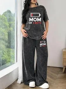 Spring and Summer Sports Plus Size Two-piece Set with patchwork print, Tie-dye Washed Vintage Short Sleeve T-shirt and Wide-leg Pants, Plus Size Women's Jogging Outfit