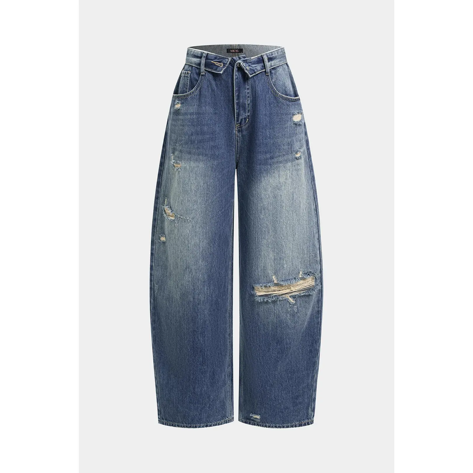 Denim Asymmetrical Frayed Barrel Jeans