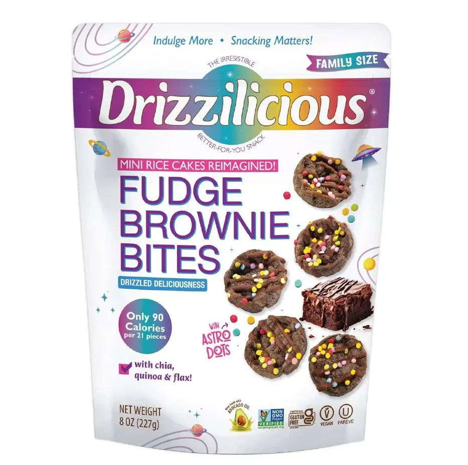 Drizzilicious Fudge Brownie Mini Rice Cakes Family Size 8 oz | Gluten Free Vegan Snack | Chocolate Drizzled Rice Crisps with Quinoa, Chia & Flax