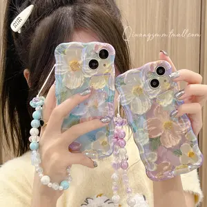 Colorful Retro Oil Painting Flower Pattern Cute Curly Wave Frame Exquisite Phone Case for iPhone 17 16 15 14 13 12 11 ,Pink Bow Strawberry Cherry Charm Strap Universal Lanyard Chain String ,for Girls Women, Shockproof TPU Protective Phone Cover, Accessori