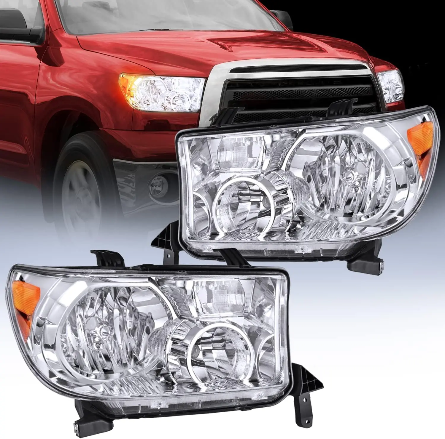 Nilight Headlight Assembly Pair Set with H11 Headlight Bulb for 2007-2013 Tundra, 2008-2017 Sequoia, Chrome Look Housing, IP65 Rated, Metal Amber Reflector, Wide Beam Driver & Passenger Side Replacements, Headlight Bulb H11