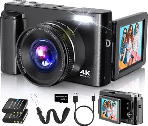 4K Digital Camera 48MP – Autofocus Vlogging Camera with Flip Screen, 16X Zoom, Anti-Shake, SD Card & 2 Batteries