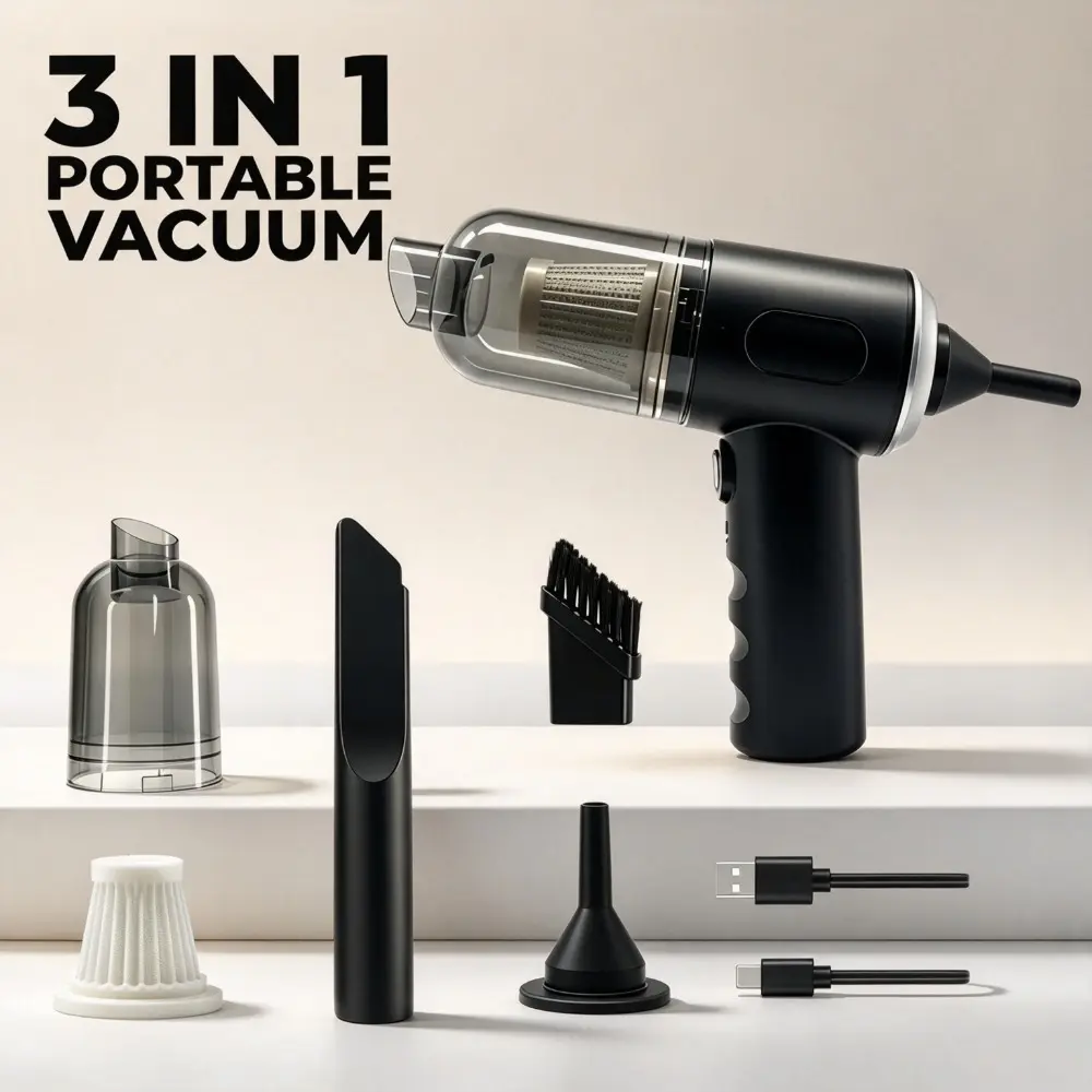 1pc 3-in-1 Multiuse Wireless Handheld Vacuum Cleaner - Rechargeable Portable Mini Car Vacuum, Suitable for Car Interiors, Home Window Gaps, Pet Hair Cleaning