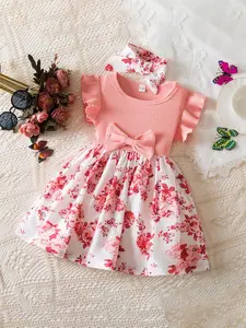 Toddler Girl's Floral Print Bow Decor Ruffle Trim Sweater Dress, Cute Casual Long Sleeve Round Neck Knit Dress for Daily Wear, Kids Clothing for Summer, Toddler Outfit