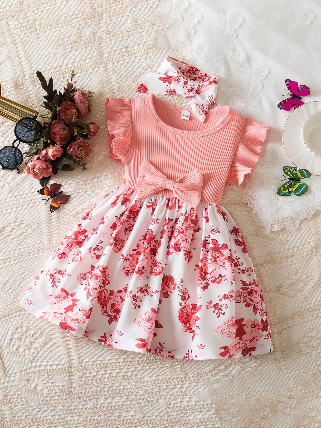Toddler Girl's Floral Print Bow Decor Ruffle Trim Sweater Dress, Cute Casual Long Sleeve Round Neck Knit Dress for Daily Wear, Kids Clothing for Summe