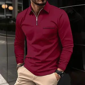 This men's solid color polo shirt with a zip-up collar and made of polyester-cotton blend is an ideal choice for casual wear in spring and summer.