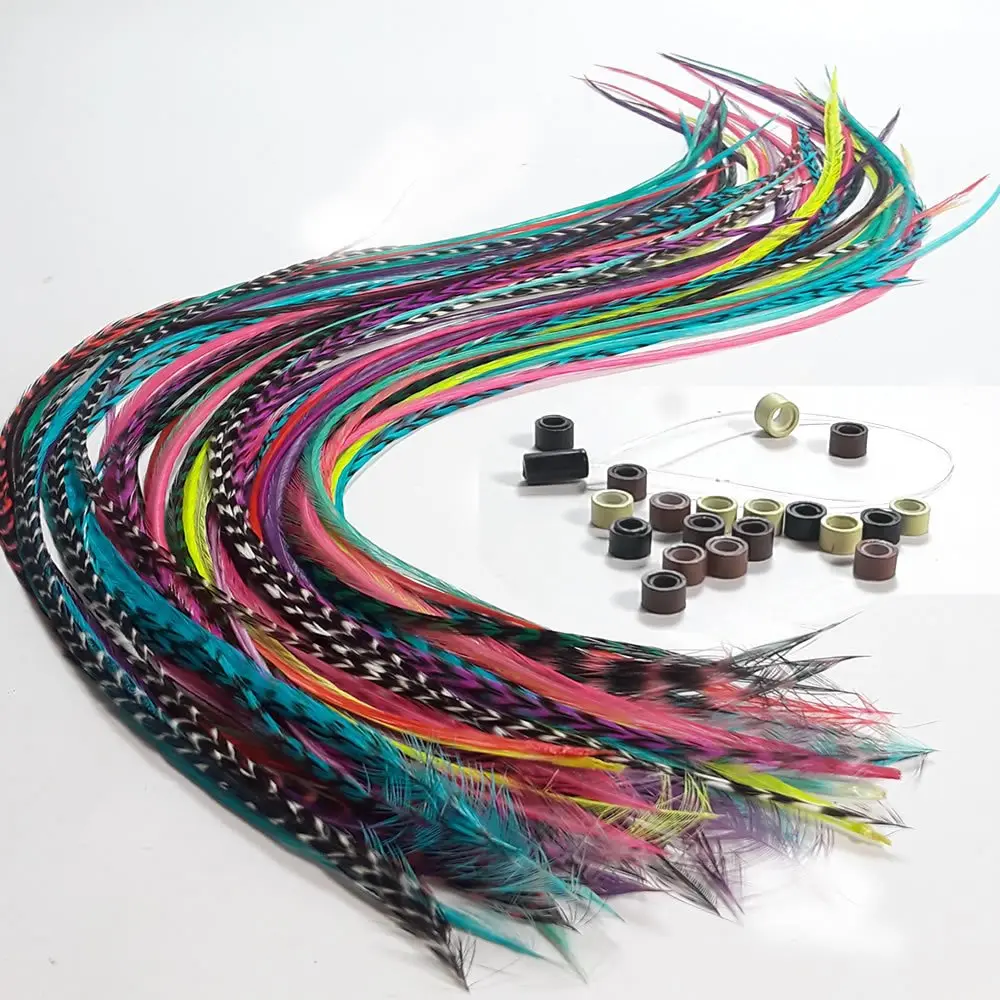 20 Real Feathers Hair Extension Kit - Assorted Colors, Long Natural Thin Feathers, 7"-13" Length, 100% Real Rooster Feathers