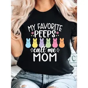 [Rabbit Print Mom T-Shirt] MY FAVORITE PEEPS call me MOM - Colorful Rabbit Pattern T-Shirt - Short-Sleeved Casual Round-Neck Top - Women's Spring and Summer Clothing - Mom's Gift