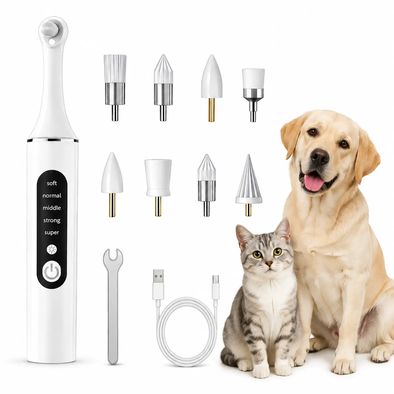 Pet Dental Plaque Remover for Dogs & Cats - 5-Mode Rechargeable Electric Tooth Cleaner, 9 Replacement Tips, USB Oral Care Kit
