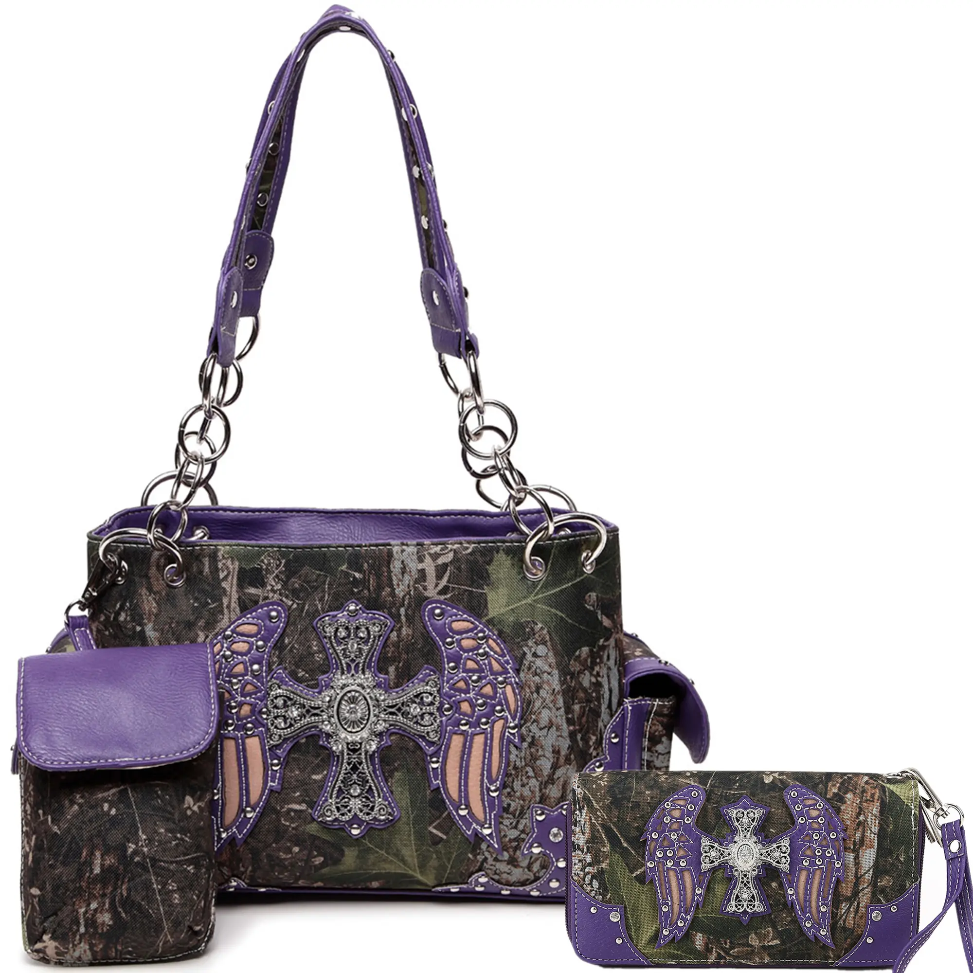 Camo Cross Wings Studded Shoulder Bag with Matching Wallet & Pouch trending crossbody