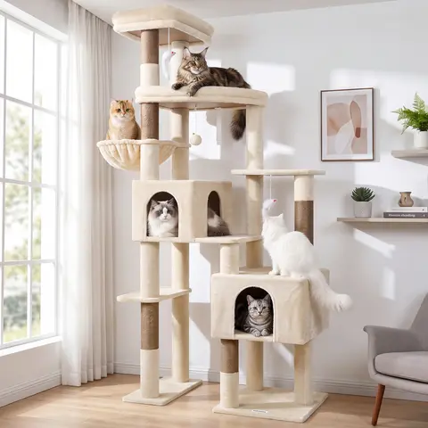 DESKAT 78 inches Tall Freestanding Modern Multi-Level Cat Tree for Large Breeds - 2 Condo Sanctuaries, 5 Sisal Scratching Posts, 2 Top Perches, Hammock Relax Spot, Vertical Scratcher, Light Gray, Supports Claw Health