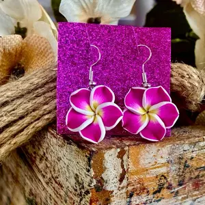 Hawaiian Plumeria Flower Earrings Dangle Silver Tone Frangipani Clay Small Fuchsia pink  Handcrafted Jewelry