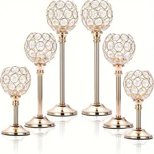 Metal Gold & Silver Crystal Hurricane Candle Holders, 3/6-Pack Windproof Decorative Candlesticks, Elegant Table Centerpieces for Wedding, Home Decor