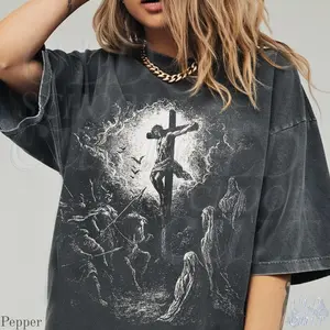 Jesus Crucifixion Scene Vintage Style Graphic Shirt, Retro Comfort Colors Jesus Spiritual Art Tee, Washed Religious Christian Bible Aesthetic