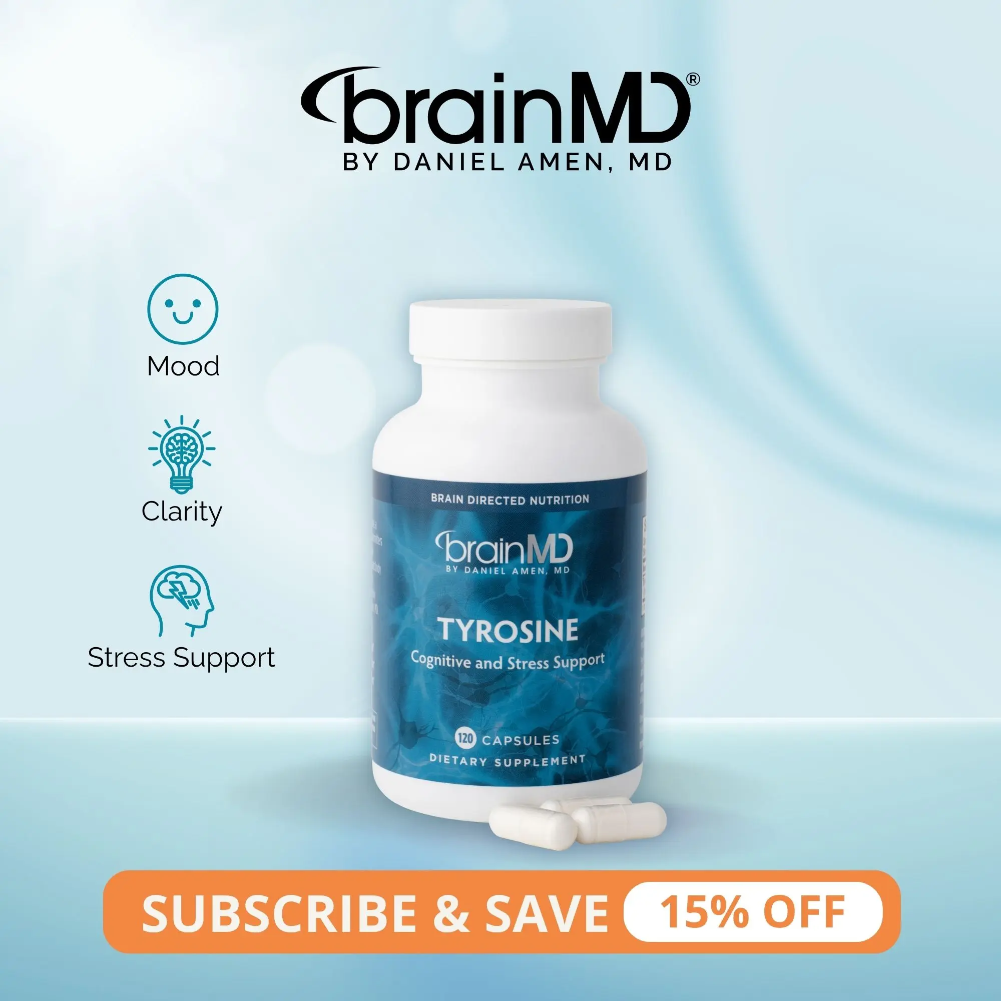Tyrosine | BrainMD | 120 Capsules | Focus & Mental Clarity Support | Stress Resilience & Mood Support | L-Tyrosine Amino Acid
