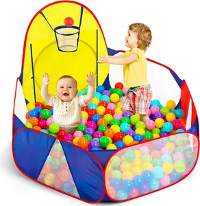 Large 4 ft Kids Ball Pit – Pop-Up Tent Playhouse for Toddlers with Zipper Storage Bag & Basketball Hoop – Indoor/Outdoor Ball Pit Playpen (Balls Not Included, Blue/Yellow/Red)