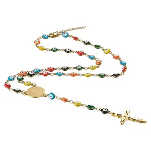 OIDEA Religious Design Evil Eye Rosary Y-Necklace, Stainless Steel Catholic Cross & Virgin Mary Pendant, 17-Inch Beaded Gold Silver Religious Gift, Religious Design Necklaces