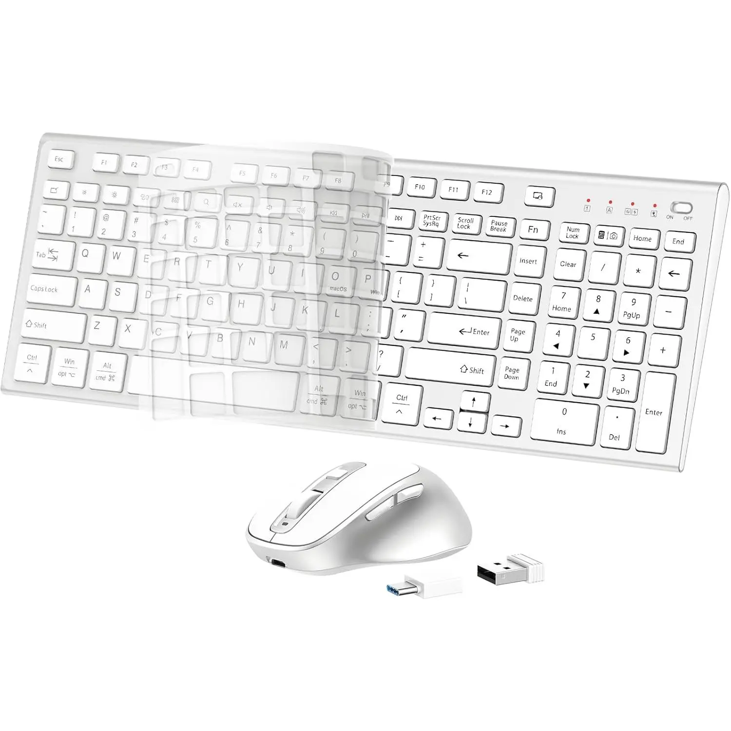 Rechargeable Silent Full-Size Keyboard with Number Pad, 121 Keys, Compact Layout, Low-Decibel Click, Adjustable Synthetic Build, Dual-Mode Wake-Up, USB-C, Flat Soft Cover for PC/Laptop (White)