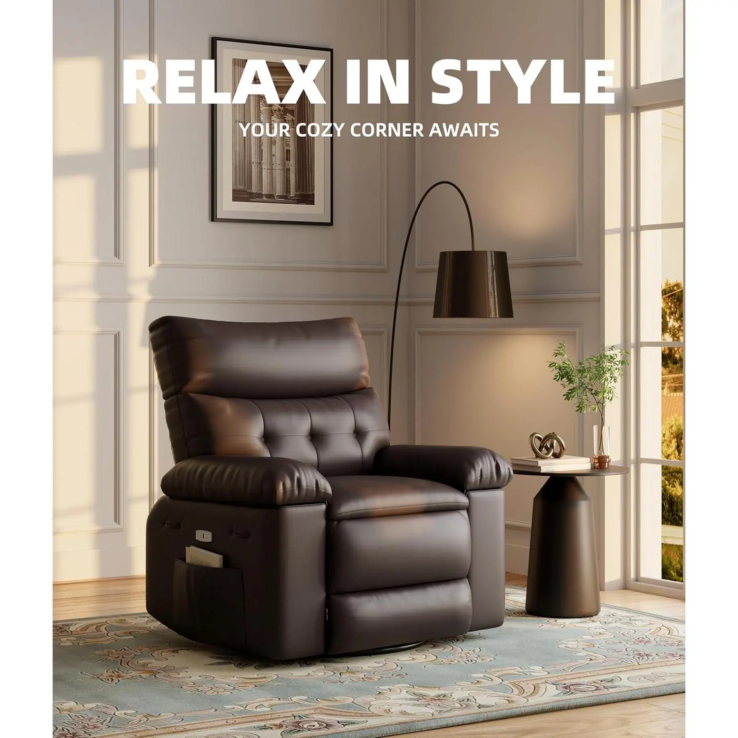 Swivel Manual Recliner Chair with Ottoman & Overstuffed Seat, Luxury Reclining Sofa with Headrest & Side Pocket for Living Room Bedroom, Pu Leather, Foldable Arms