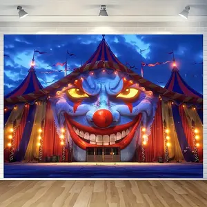 1pc 2D Flat Polyester Carnival Clown Circus Tent Backdrop for Halloween & General Parties - Creepy Amusement Park Theme Banner Entryway Room Decor, Seasonal Celebrations, No Electricity Required