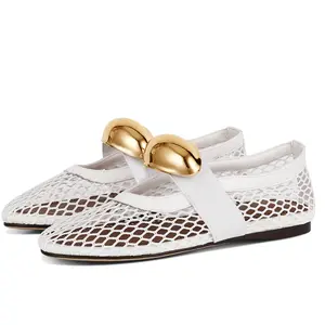 CELNEPHO Mesh Ballet Flats for Women Round Toe Fishnet Flats Metal Studded Mary Jane Shoes Comfortable Casual Office Daily Dress Ballerina Shoes