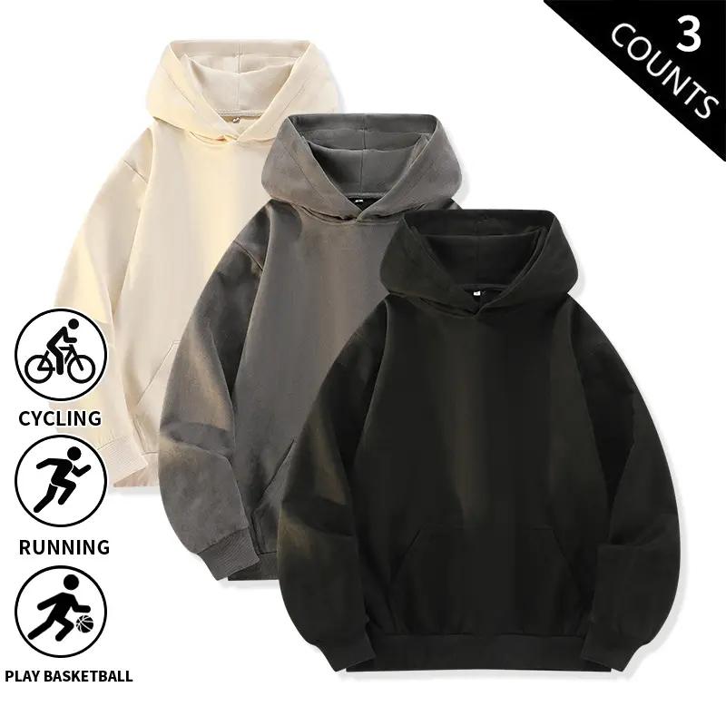 3-Pack Men’s Faux Suede Hooded Sweatshirts for Autumn, Loose Drop-Shoulder Solid Color Pullover Long-Sleeve Outerwear, Trendy Casual Sportswear Tops