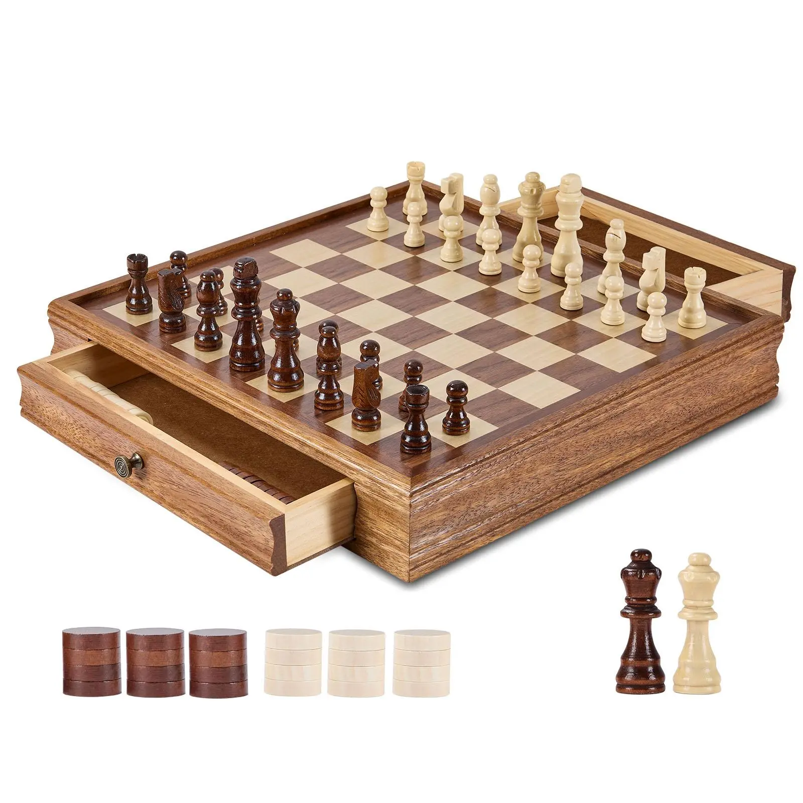 【summerfinds】VEVOR Solid Wood Chess Set, 15 inch 2-IN-1 Chess Checkers Game Set, Chess Board Games with Storage Drawer & Weighted Chess Checkers Pieces & 2 Queens, for Adults Tournament Professional Beginner