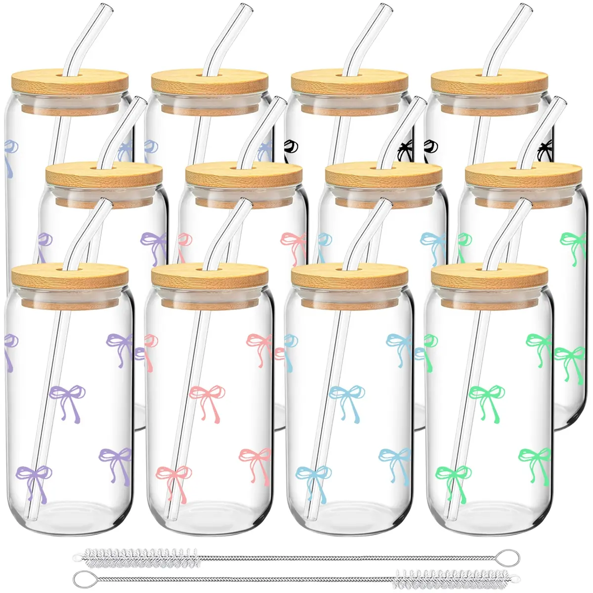 6/12 Pack Bow Pattern Glass Cups with Lids and Straws, 16oz Reusable Iced Coffee Cups, Glass Tumblers, Clear Water Bottle, Reusable Water Bottles, Drink Containers, Bpa Free Drinkware