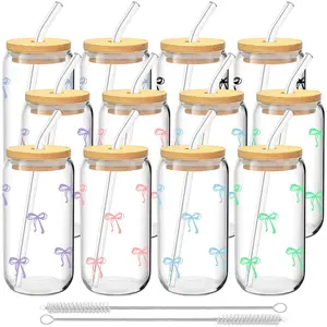 6/12 Pack Bow Pattern Glass Cups with Lids and Straws, 16oz Reusable Iced Coffee Cups, Glass Tumblers, Straw Portable Bottle