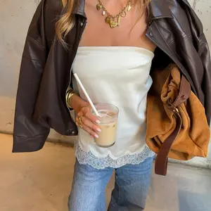 Women Satin Tube Tops Lace Trim Solid Color Strapless Sexy Shirt Casual SleevelessFit Shirts Streetwear