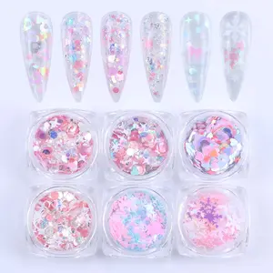6 Boxes Pink Nail Art Glitter Set, Mixed Stars Heart Bow Snowflake Glitters DIY Manicure Accessories, Shiny Charm Design Decorations, Glitter Kit
