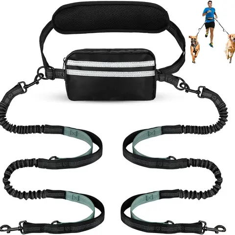 PiPiDoDo No Tangle Leash Dual Pet Hands-Free Walking Set, Nylon Tangle-Free Design, Detachable Waist Bag, Cushioned Pad, One Size, Compatible with Collars & Harnesses & Leads