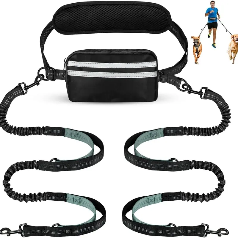 PiPiDoDo No Tangle Leash Dual Pet Hands-Free Walking Set, Nylon Tangle-Free Design, Detachable Waist Bag, Cushioned Pad, One Size, Compatible with Collars & Harnesses & Leads