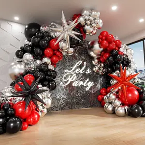 Red and Black Balloon Arch Kit with 3pcs Star Balloons, Red Black and Metallic Silver Balloons Garland Kit for Birthday Red Black Graduation 2025 New Year Party Decorations