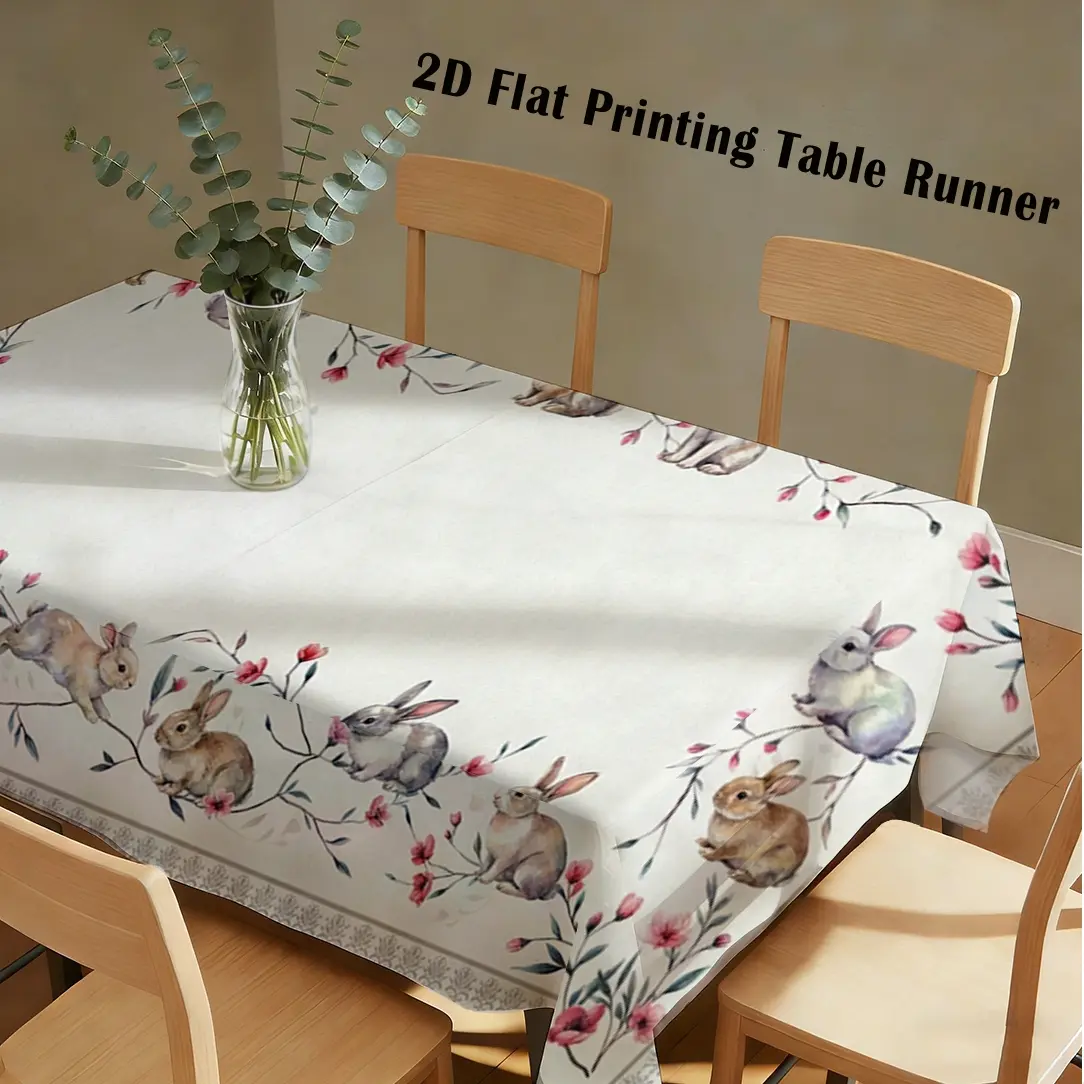 2D Flat Tablecloth, 1 Pack - Cute Bunny & Blossom Print Design, Great for Home Kitchen, Dining Room, Balcony, Picnic, Decorative Lace Edge, Perfect Gift for Rabbit & Animal Lovers