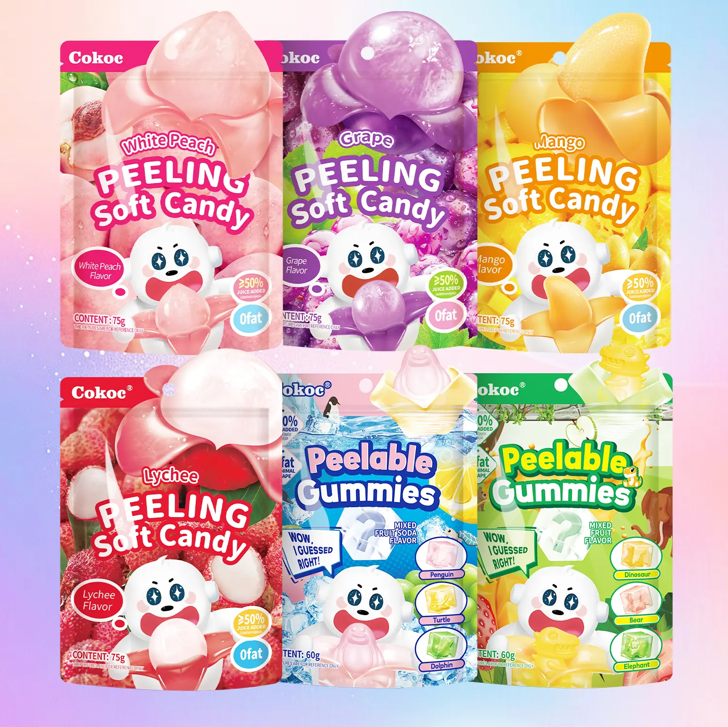 Cokoc 6-Pack Combo Peelable Gummy Candy - Fun Gummies with 50%+ Real Fruit Juice, Dual-Layer, Blind Box Animals
